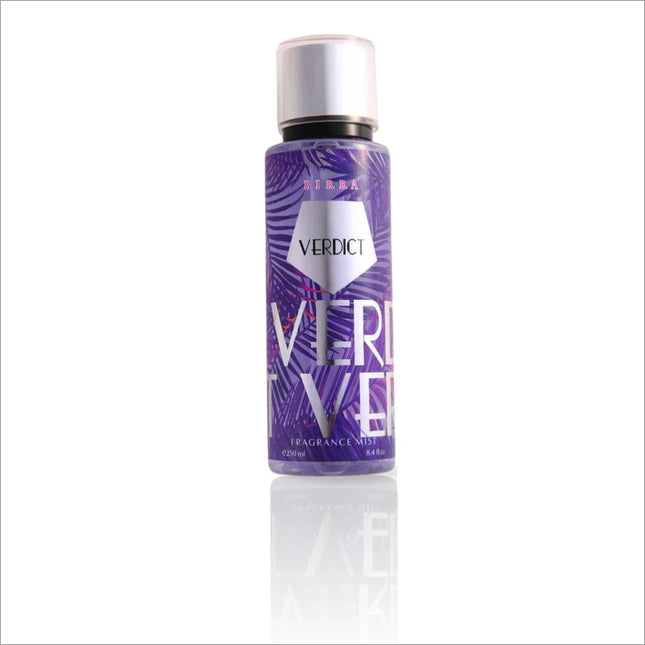 Verdict Body Mist from BIRRA in a sleek spray canister with a vibrant purple design featuring tropical patterns. The label prominently displays the product name 'VERDICT' and indicates it is a fragrance mist, with a capacity of 250 ml.