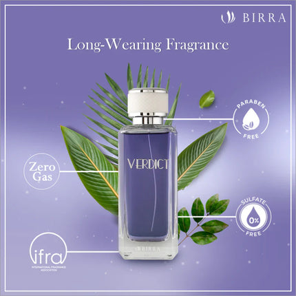 Verdict EDP perfume displayed with labels indicating long-wearing fragrance benefits, such as paraben-free and sulfate-free.