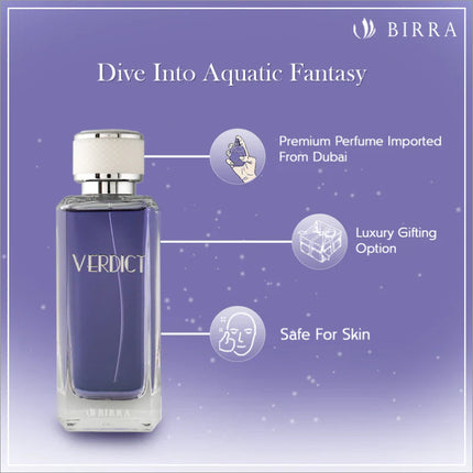 Verdict EDP 100ml perfume bottle presented with text promoting its origins and qualities, including luxury gifting and skin safety.