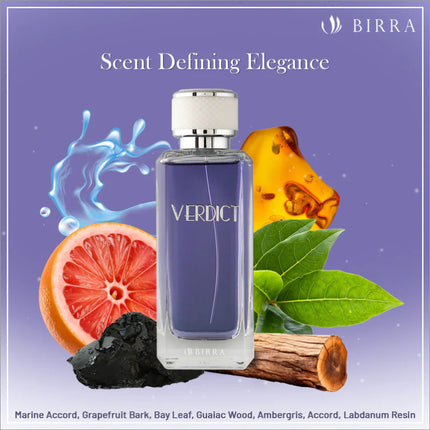 Verdict EDP 100ml perfume bottle surrounded by ingredients like grapefruit and spices, highlighting its scent-defining elegance and composition.