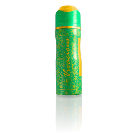 Front view of BIRRA Vivacious Deodorant, showcasing vibrant green and yellow packaging with floral designs. The product is designed to provide a refreshing scent with a lively burst of Almond, Coffee, Bergamot, and Lemon.