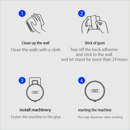 Illustrated guide showing adhesive installation and activation steps for w1 wall-mounted smart touchless soap dispenser