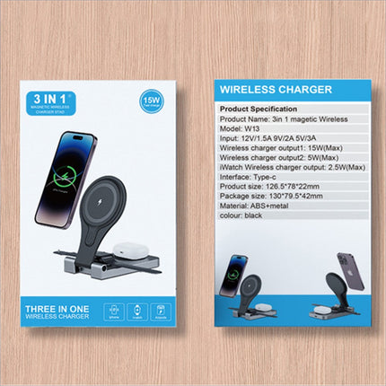 Black 3-in-1 magnetic wireless charger portable folding stand made of abs and metal for phone airpods and iwatch charging