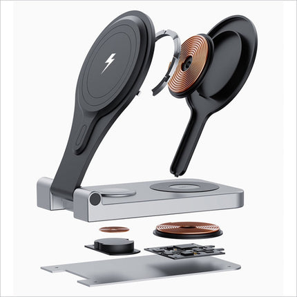 Black and silver magnetic wireless charger with two detachable pads in a portable folding charging station design