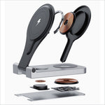 Black and silver magnetic wireless charger with two detachable pads in a portable folding charging station design