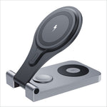 Black and silver magnetic wireless charger portable folding stand with two induction pads for iphone airpods iwatch