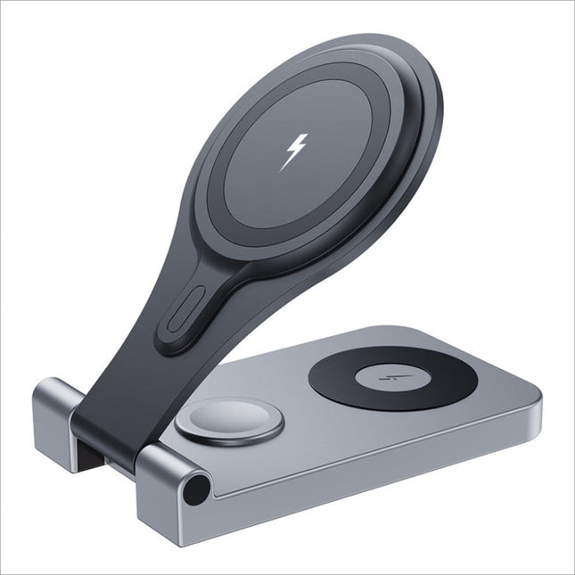 Black and silver magnetic wireless charger portable folding stand with two induction pads for iphone airpods iwatch