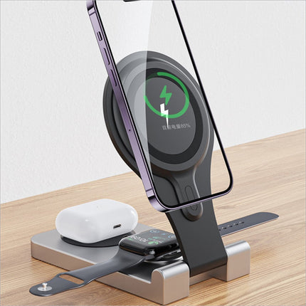 Black and silver w13 3-in-1 magnetic wireless charger portable folding station for iphone watch and earbuds charging