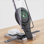 Black and silver w13 3-in-1 magnetic wireless charger portable folding station for iphone watch and earbuds charging