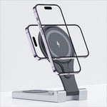Silver magnetic wireless charger with minimalist design and dual slots for iphone airpods and iwatch charging portable folding