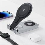 Black and silver magnetic wireless charger portable folding stand with curved arm and dual charging pads for iphone and apple devices