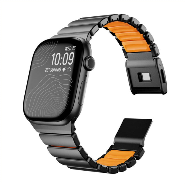 Black and orange stainless steel watch strap for apple watch series with magnetic buckle and sleek modern design