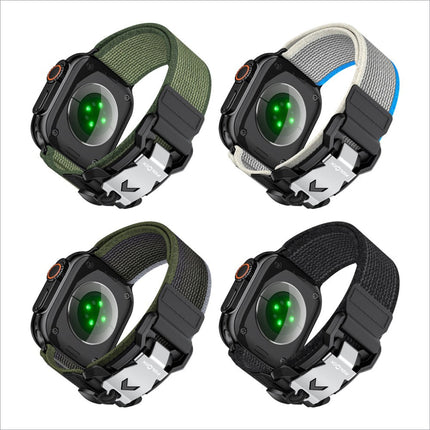 Four apple watch nylon watch straps in olive green gray and black with metal fidlock for apple watch ultra and series