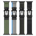 Four rugged nylon watch straps for apple watch ultra in olive green blue gray and black with silver fidlock buckle