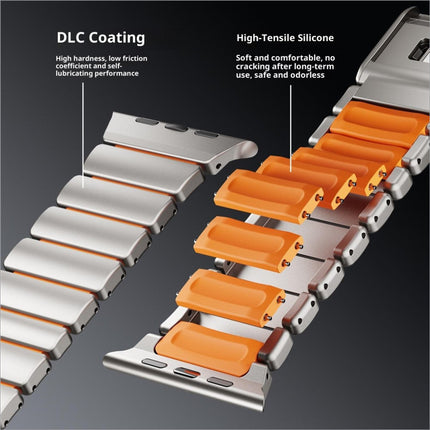Orange high-tensile silicone and silver dlc-coated metal watch strap for apple watch series with magnetic buckle