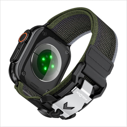 Black and olive green nylon watch strap for apple watch ultra with metal fidlock buckle durable tactical style