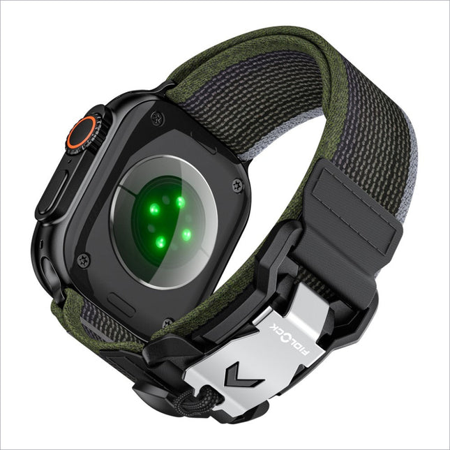 Black and olive green nylon watch strap for apple watch ultra with metal fidlock buckle durable tactical style
