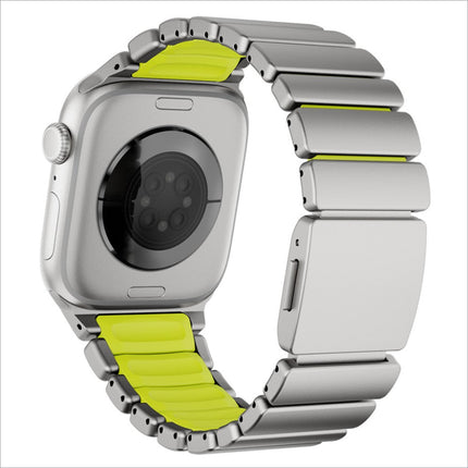 Silver and lime green stainless steel watch band with magnetic buckle for apple watch series ultra and se models