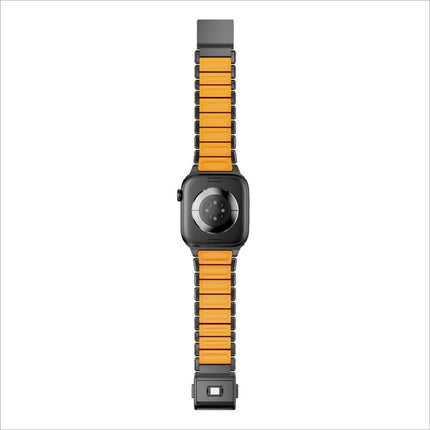 Vibrant orange and black segmented stainless steel watch band with magnetic buckle for apple watch series models