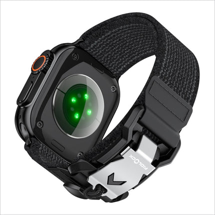 Black rugged watch strap for apple watch ultra made of textured nylon fabric with metal fidlock clasp