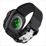Black rugged watch strap for apple watch ultra made of textured nylon fabric with metal fidlock clasp