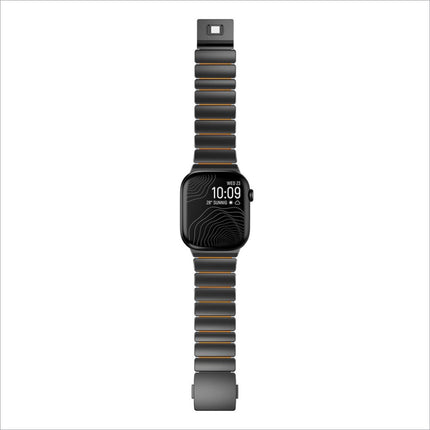 Black stainless steel apple watch series band with magnetic buckle and gold accents for apple watch ultra and se models