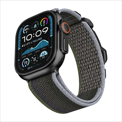 Black apple watch ultra with textured gray and olive green nylon watch strap with metal fidlock buckle