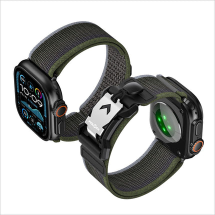 Olive green woven nylon apple watch ultra watch strap with black plastic clasp and silver metal fidlock logo plate