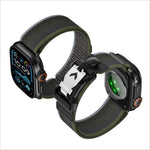 Olive green woven nylon apple watch ultra watch strap with black plastic clasp and silver metal fidlock logo plate