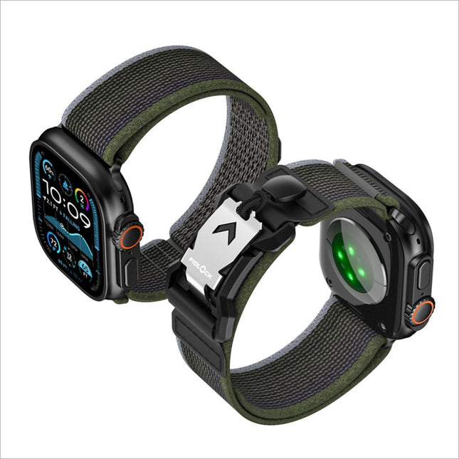 Olive green woven nylon apple watch ultra watch strap with black plastic clasp and silver metal fidlock logo plate