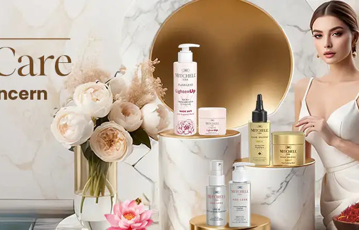 White marble pedestal holding assorted luxury skincare products in gold, silver, and pink packaging