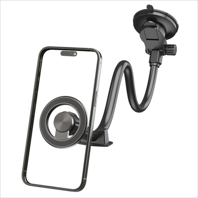 Black flexible arm phone holder with suction cup base and magnetic ring for x035 universal car magnetic mount