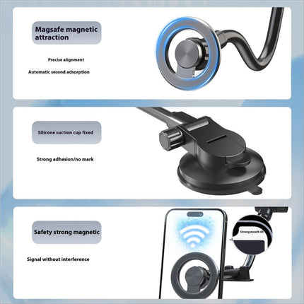 Black x035 universal car magnetic phone holder with silicone suction cup base and adjustable arm for secure wireless charging