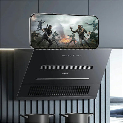 Black sleek range hood with digital display above x12 magnetic car dashboard phone holder with colorful crackle light