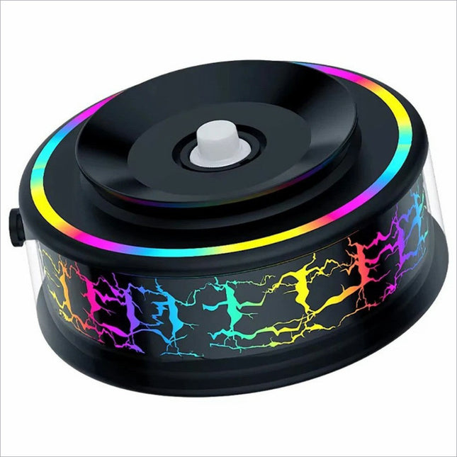 Black circular led light base with rainbow neon lightning and central white button on x12 magnetic car dashboard phone holder