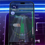 Smartphone displaying navigation app mounted on x12 magnetic car dashboard phone holder with colorful crackle light