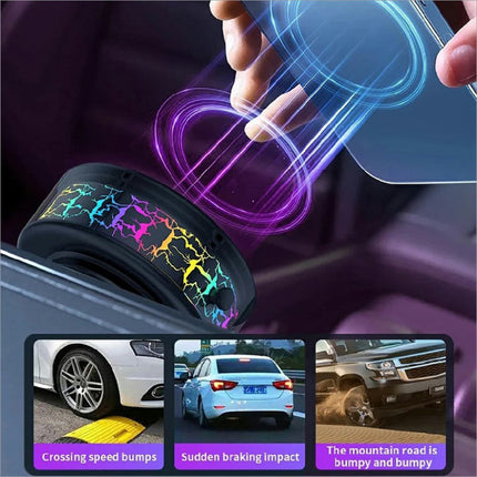 Sleek black x12 magnetic car dashboard phone holder with rainbow lightning bolt and purple blue glow illumination