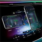 Two smartphones on x12 magnetic car dashboard phone holder with colorful crackle light suction cup stand showing navigation and infotainment features