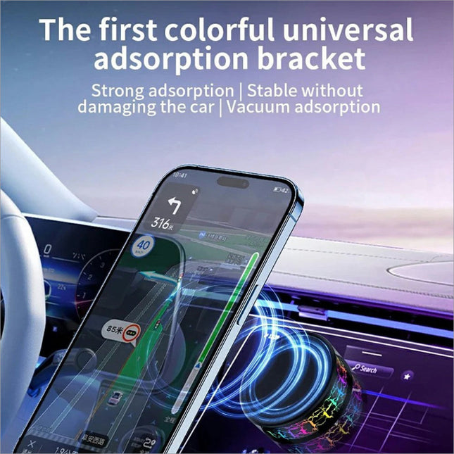 Colorful crackle light x12 magnetic car dashboard phone holder with vacuum suction cup stand holding smartphone in car