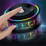 Black cylindrical x12 magnetic car dashboard phone holder with rainbow neon lightning patterns and white top button