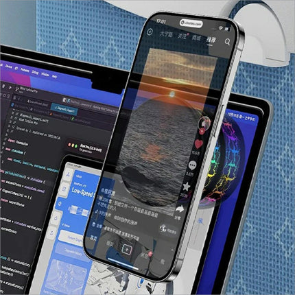 Silver-framed iphone 13 pro on x12 magnetic car dashboard phone holder with colorful crackle light suction cup stand