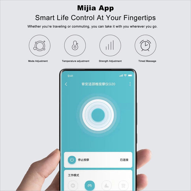 A sleek smartphone displaying the teal mijia app interface controlling xiaomi youpin jeeback g20 neck massager with three-level constant temperature hot compress