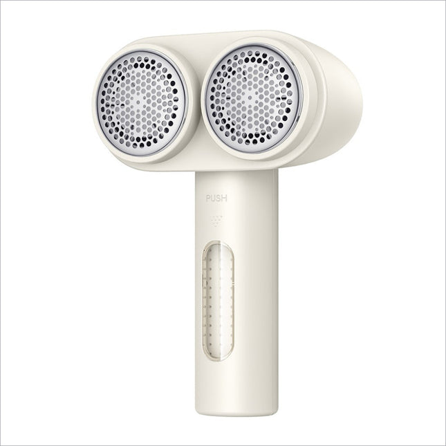 Cream-colored yesido ec20 dual head fabric shaver with circular metal heads and a sleek plastic handle for lint removal