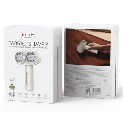 White yesido ec20 dual head fabric shaver with stainless steel 12-leaf blades and led display lint remover