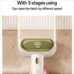 Yesido ec20 dual head fabric shaver in white and olive green with digital display showing 100 percent cleaning efficiency