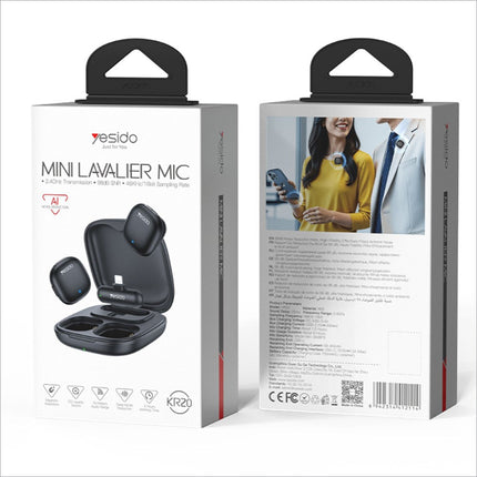 Black yesido kr20 ip plug high fidelity audio wireless lapel mic in compact charging case with wireless earbud design