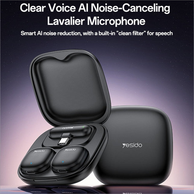 Black yesido kr20 ip plug high fidelity audio wireless lapel mic with ai noise cancelling and built-in charging case