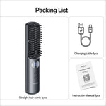 Black sleek wireless hair straightener brush with digital display and control buttons for styling and curling hair