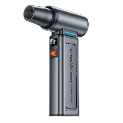 Gray metallic yosido handheld fan with digital display and orange power button for high speed dust blower use