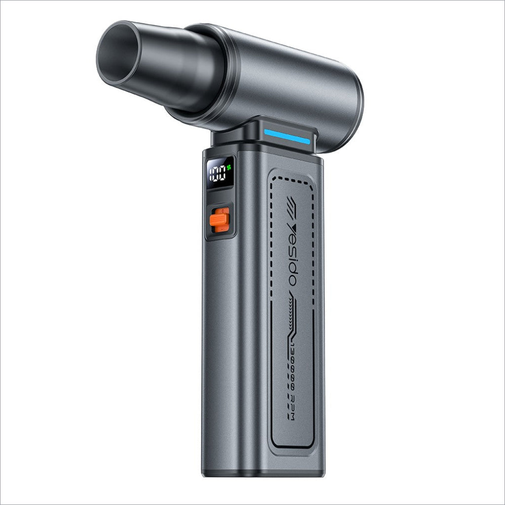 Gray metallic yosido handheld fan with digital display and orange power button for high speed dust blower use